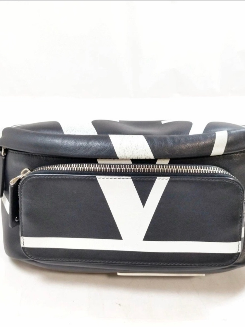 Valentino Garavani Black and White V-Graphic Leather Belt Bag